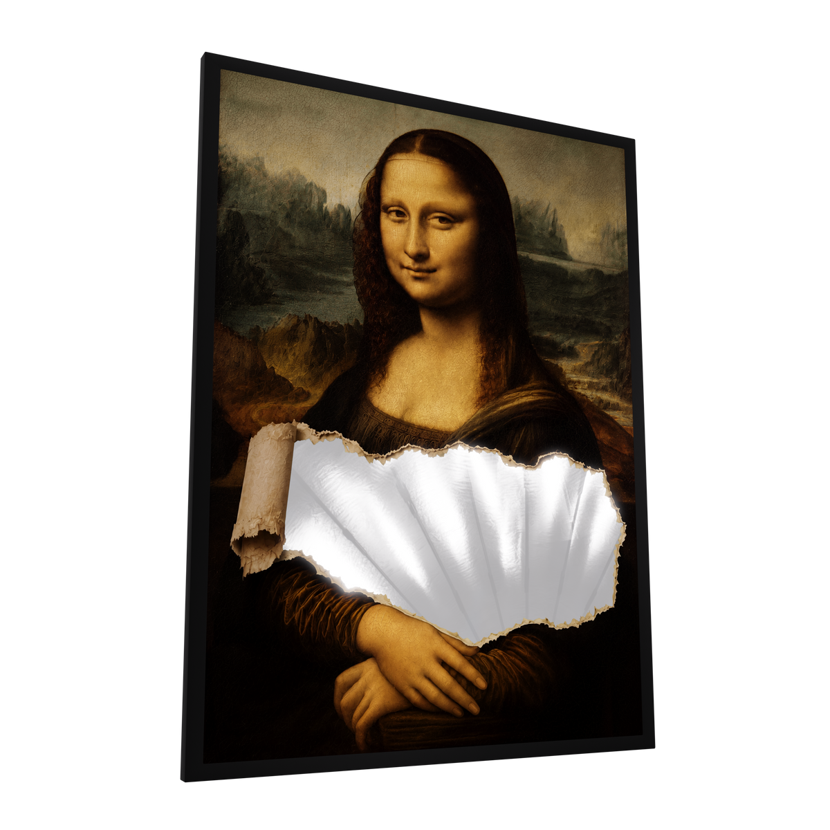 Unveiled Mona Lisa — GLINT mirror art print, shown framed