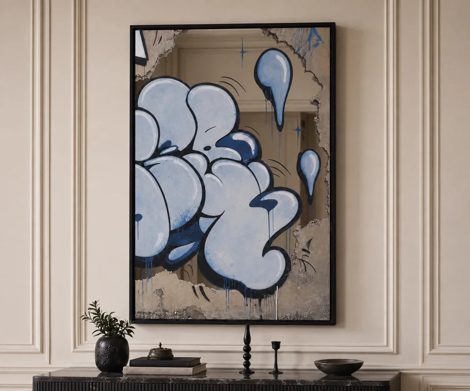 Editorial styling composition of a blue Urban Mirror piece, shown framed